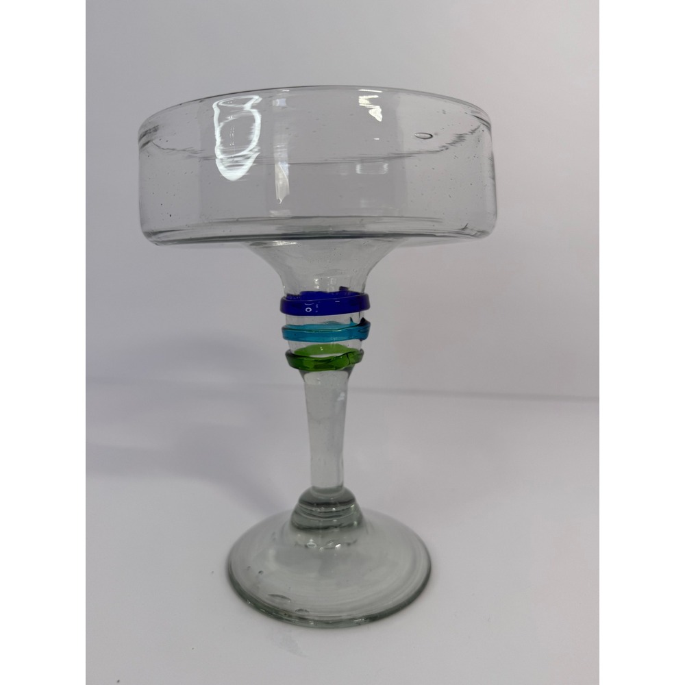 Hand Blown Margarita Glass with Blue Green Turquoise‎ Ringed Stem 7.25 inch